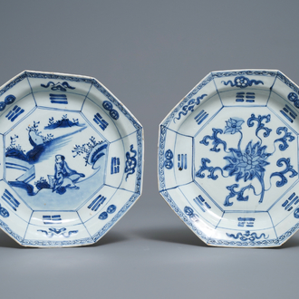 Two Chinese blue and white octagonal 'trigrams' plates, Tianqi