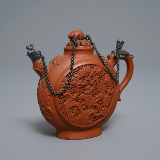 A Chinese silver-mounted reticulated double-walled Yixing stoneware teapot, Kangxi