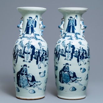 A pair of Chinese blue and white celadon vases with figures, 19th C.