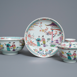 Two Chinese famille rose bowls and a plate, Yongzheng mark and of the period