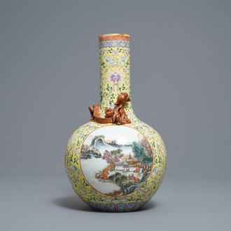 A Chinese famille rose bottle vase with landscape medallions, Qianlong mark, Republic