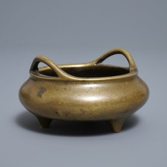 A Chinese bronze tripod incense burner, Xuande mark, 18/19th C.