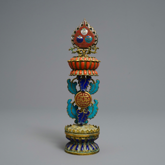 A Chinese inlaid gilt bronze and cloisonné Buddhist altar ornament, 19th C.