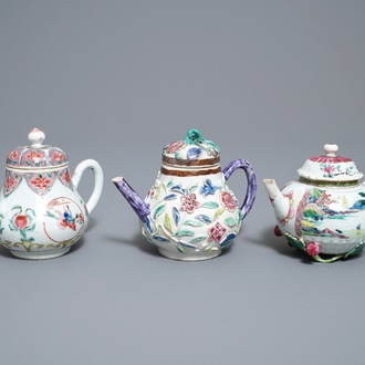 Three Chinese famille rose teapots and covers, Yongzheng