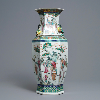 A Chinese hexagonal famille rose 'scholars' vase, 19th C.