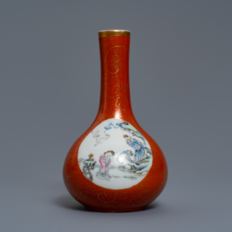 A Chinese famille rose coral-ground vase, Qianlong mark, 19/20th C.