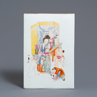 A Chinese famille rose plaque with a lady with playing children, Republic