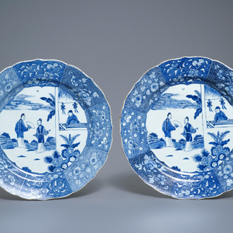 A pair of Chinese blue and white 'Romance of the Western chamber' chargers, Qianlong
