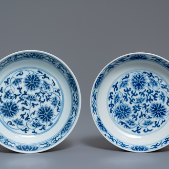 A pair of Chinese blue and white 'lotus scroll' plates, Guangxu mark and of the period