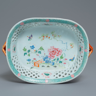 A large Chinese famille rose reticulated two-handled basket, Qianlong