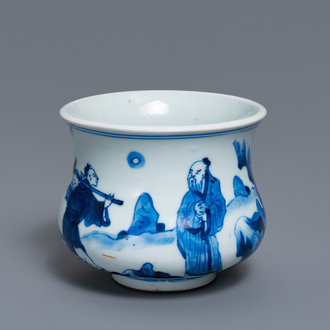 Un brûle-parfum en porcelaine de Chine en bleu et blanc à décor de figures dans un paysage, Kangxi