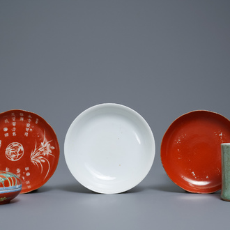 A varied collection of monochrome Chinese porcelain, 19/20th C.