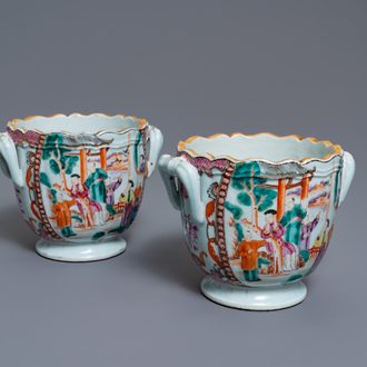 A pair of Chinese famille rose 'Mandarin' wine coolers, Qianlong