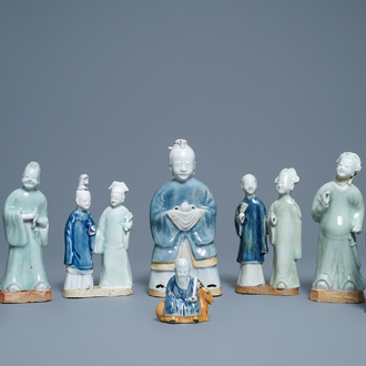 Eight Chinese blue, white and celadon-glazed biscuit models, Qianlong/Jiaqing