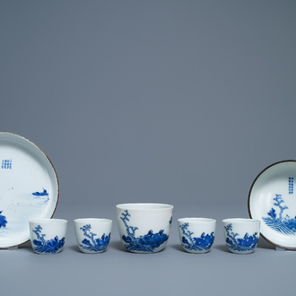 A Chinese 7-piece blue and white Vietnamese market 'Bleu de Hue' tea service, 19th C.