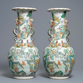 A pair of Chinese Canton famille verte vases with dragon handles, 19th C.