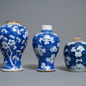 Three Chinese blue and white 'prunus on cracked ice' vases, Kangxi