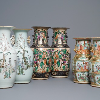 Three pairs of Chinese Canton, famille rose and Nanking vases, 19th C.