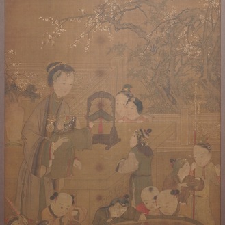 Chinese school, after Su Hanchen (1094-1172), ink and colour on silk: a lady and children near a fish bowl