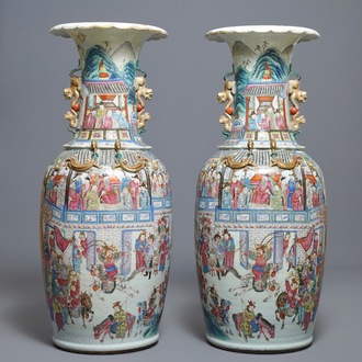 A pair of large Chinese famille rose vases with narrative design, 19th C.