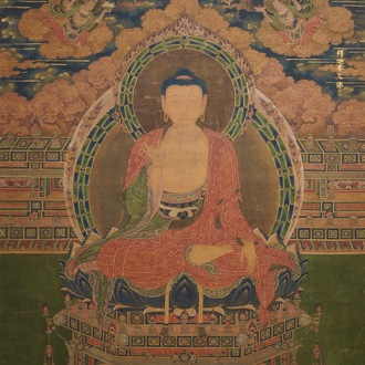 Ecole chinoise, daté 1454, encre et couleurs sur soie: Portrait du Bouddha Shakyamuni