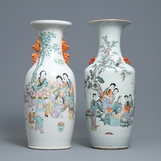 Two Chinese qianjiang cai vases with ladies in a garden, 19/20th C.