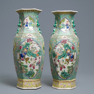 A pair of Chinese hexagonal famille rose vases, 20th C.