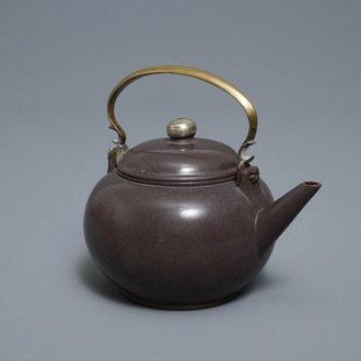 A Chinese Bencharong Thai market polished Yixing stoneware teapot, 19th C.