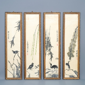 Chinese school, signed Li Kuchan (1899-1983), ink and colour on paper, dated 1972: four panels with birds on rocks