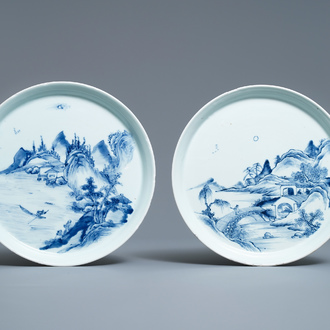 Two Chinese blue and white 'river landscape' dishes, Kangxi/Yongzheng