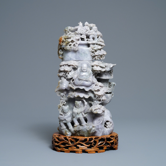 A Chinese jadeite vase and cover with Buddha and playing children, 19/20th C.