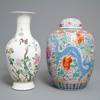 A Chinese famille rose jar and cover and a vase with floral design, 19/20th C.