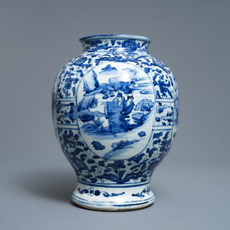 A Chinese blue and white vase with figural design, Wanli