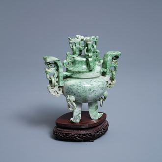 A Chinese jadeite censer and cover on wooden stand, Republic