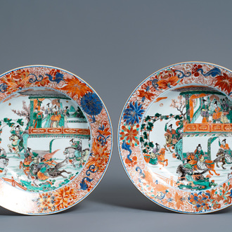 A pair of Chinese famille verte 'General Yang and Mu Guiying' dishes, Kangxi