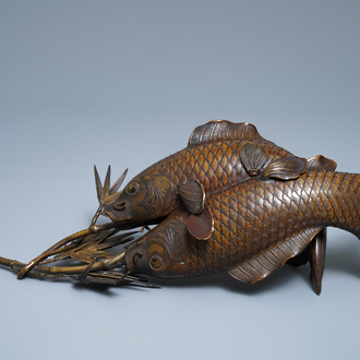 A Japanese bronze group depicting two koi fish, Meiji, 19th C.