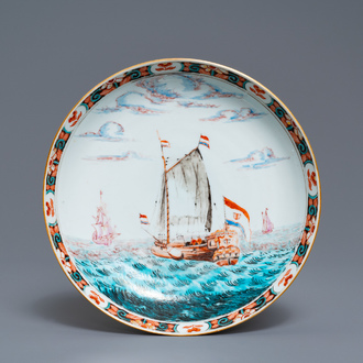 A Dutch-decorated Chinese plate with a ship at sea, Yongzheng