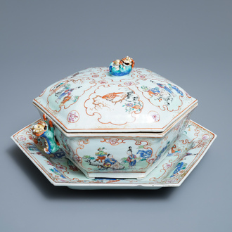 A Chinese hexagonal famille rose 'mandarin' tureen and cover on stand, Qianlong