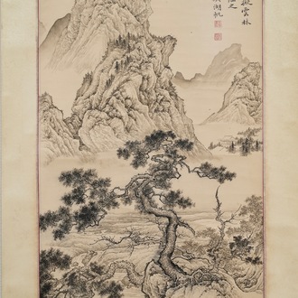 Chinese school, gesign. Wu Hufan (1894-1968), inkt op papier: 'Berglandschap'