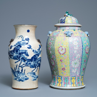 A Chinese famille rose vase with cover and a blue and white crackle-glazed vase, 19th C.