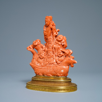 A Japanese carved red coral group of the seven lucky gods on a phoenix boat, Meiji, 19th C.