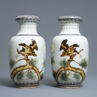A pair of Chinese polychrome vases with birds of prey, signed Cheng Yiting (1885-1948), dated 1931