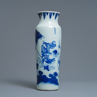 A Chinese blue and white sleeve vase depicting the legendary Zhang Xian, Transitional period