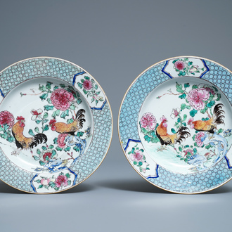 A pair of Chinese famille rose 'rooster' plates, Yongzheng