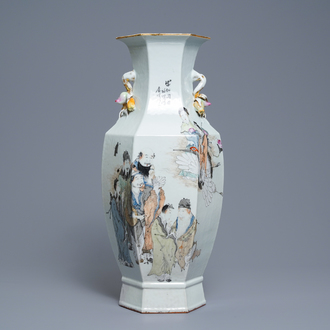 A Chinese hexagonal qianjiang cai 'immortals' vase, 19/20th C.