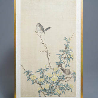 Chinese school, 19th C., ink and colour on silk: 'birds on blossoming branches'