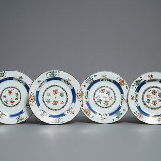 Four Chinese famille verte 'ducks in lotus pond' plates, Kangxi