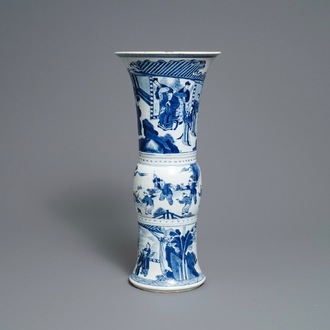 A Chinese blue and white gu vase with figurative design, Kangxi
