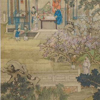 Chinese school, 18/19th C., ink and colour on silk: 'landscape with figures near a pagoda'