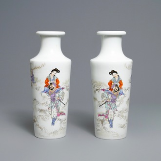 A pair of Chinese famille rose rouleau vases, four-character mark, 20th C.